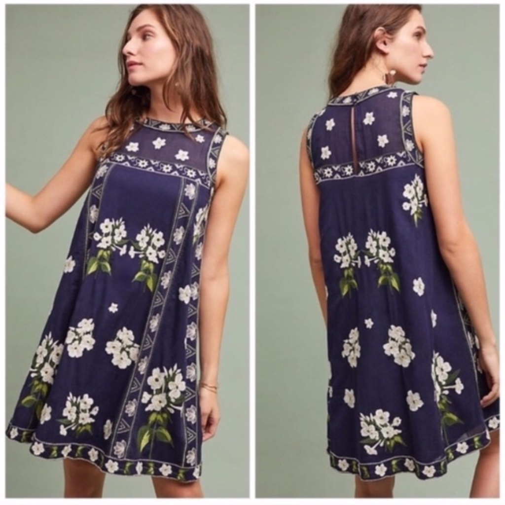 Anthropologie - Rosa Blue Embroidered Swing Dress - Size 12